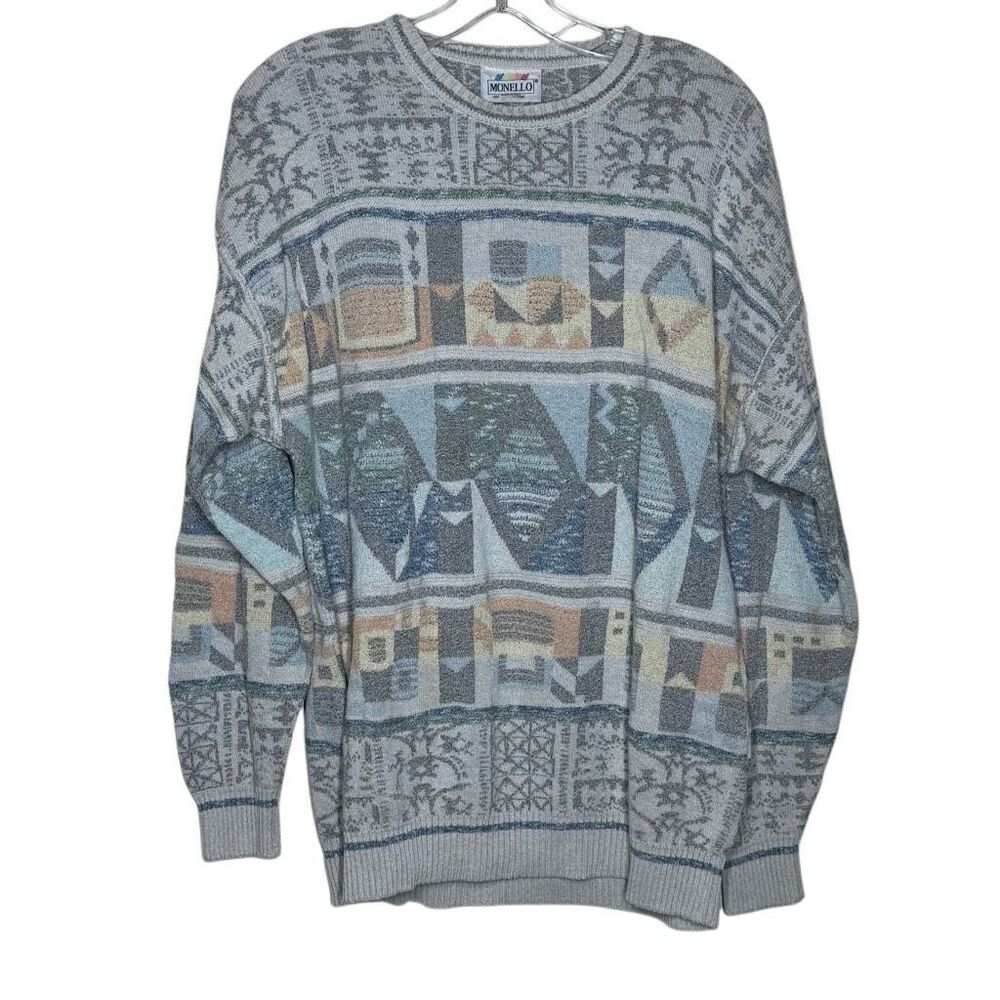 Vintage Monello Gray Long Sleeve Pullover Sweater Geometric Pattern Knitted